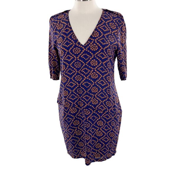Greylin Women's Navy Terracotta Printed Silk Short Sleeve Shift Dress Size M - Picture 1 of 16